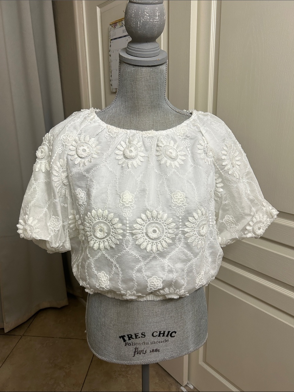 White Embroidered Puff Sleeve Crop Blouse